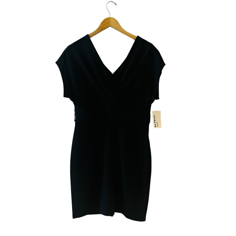 En Focus V Neck Dolman Sleeve Belted Dress Size S Small NWT Black - Picture 1 of 7